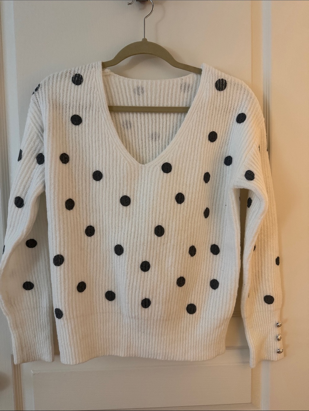 Women's Cream V‑Neck Polka Dot Sweater
